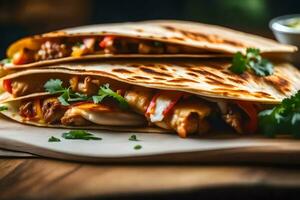 This picture is a close up of a delicious Chicken Quesadilla, with a nice blurry background AI Generated photo