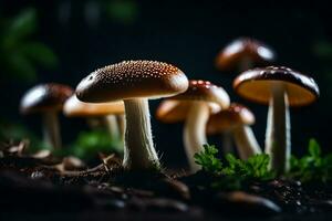 A picture of mushrooms from close, set in a dark background in a studio Creative resource, AI Generated photo