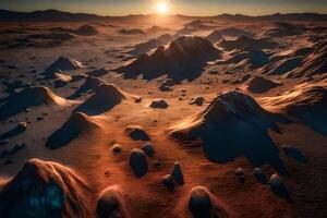 The sun is setting over a desert landscape photo