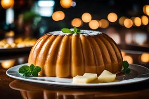 Look closely at the Roly Poly Pudding, and behind it is a lovely restaurant AI Generated photo