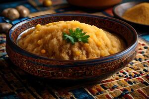 There is a plate of delicious smelling Moroccan couscous on a table with a patterned design made of tiles photo