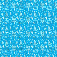 Merry Christmas and Happy New Year seamless pattern in doodle style. Vector illustration on a blue background with white line.