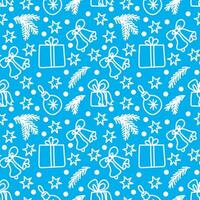 Merry Christmas and Happy New Year seamless pattern in doodle style. Vector illustration on a blue background with white line.