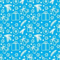 Merry Christmas and Happy New Year seamless pattern in doodle style. Vector illustration on a blue background with white line.