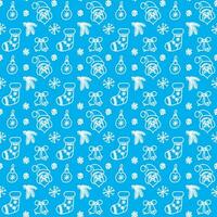 Merry Christmas and Happy New Year seamless pattern in doodle style. Vector illustration on a blue background with white line.