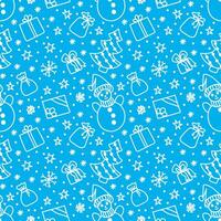 Merry Christmas and Happy New Year seamless pattern in doodle style. Vector illustration on a blue background with white line.