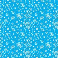 Merry Christmas and Happy New Year seamless pattern in doodle style. Vector illustration on a blue background with white line.