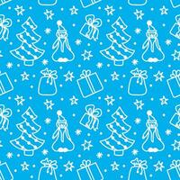 Merry Christmas and Happy New Year seamless pattern in doodle style. Vector illustration on a blue background with white line.