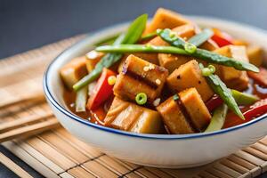 The main topic we are discussing is a plant based meal called Tofu Stir Fry The food is being photographed in a room that is bright with good lighting and has a plain background AI Generated photo