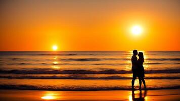 silhouette of a couple on the beach at sunset. AI Generated photo