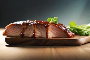 The camera is moving closer to some tasty cooked ribs, with a strong light shining from behind them photo
