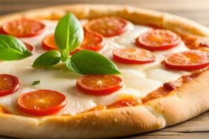 We are focusing a lot on a Margherita Pizza, which is in front of a brightly lit studio background AI Generated photo