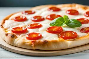 We are focusing a lot on a Margherita Pizza, with a bright and well lit studio background AI Generated photo