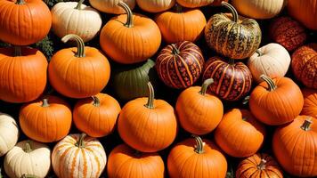 Lots of colourful striped pumpkins. Autumn fall seasonal pattern composition. photo