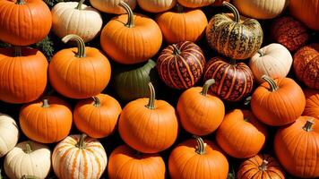 Lots of colourful striped pumpkins. Autumn fall seasonal pattern composition. AI Generated photo