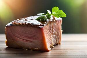 The picture is a close up of a T Bone Steak with a strong light shining behind it AI Generated photo