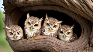 Curious two baby owls inside tree hole nest peeking out of the hole. AI Generated photo