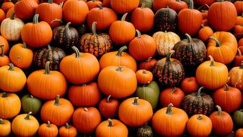 Lots of colourful striped pumpkins. Autumn fall seasonal pattern composition. AI Generated photo