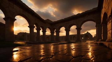 Ancient classic architecture stone arches with flames. photo