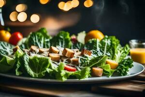 el cámara tiene cerca a un César ensalada, y lejos lejos allí estaba un borroso imagen de un ordenado herrero taller ai generado foto