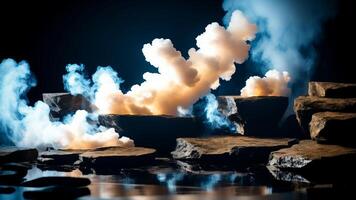 Abstract minimal concept. Dark background with natural granite stones podium on water and smoke surrounding. photo