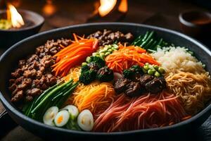 The camera is zooming in on Bibimbap, a popular dish from Korea The area behind is difficult to see AI Generated photo