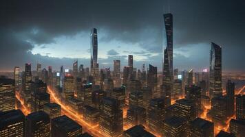 futuristic city skyline with advanced technology and towering skyscrapers. photo