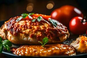 This text is talking about a picture of Chicken Parmesan The picture shows a close up view of the dish, with a beautiful blurred background AI Generated photo
