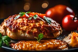 This text is talking about a picture of Chicken Parmesan The picture shows a close up view of the dish, with a beautiful blurred background photo