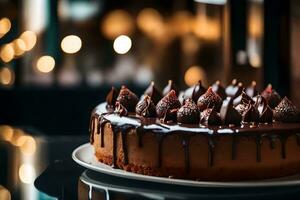 The picture is a close up of a chocolate cake, with a nice restaurant in the background AI Generated photo