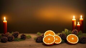 christmas holidays background festive decoration cinnamon, pinecones, and oranges on a wooden table. AI Generated photo