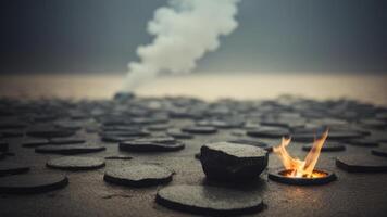Abstract minimal concept. Dark background with natural granite stones podium on water and smoke surrounding. photo