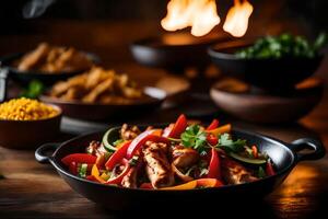 The camera is taking a close up picture of a Chicken Fajita Bowl, but the oven in the background looks fuzzy and unclear photo