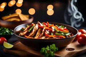 The camera is focused on a close up of a Chicken Fajita Bowl, while the background of a pretty forge is blurred photo
