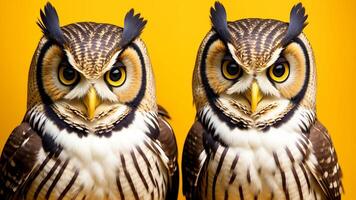 Studio portrait of surprised owl, on studio background. photo