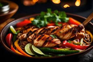 The camera is zoomed in on a Chicken Fajita Bowl, with a blurry background of a beautiful forge photo