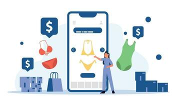 Modern flat vector illustration with woman using her smartphone to purchase products online from a mobile commerce app and secure payment with credit card. Convenience and simplicity online shopping