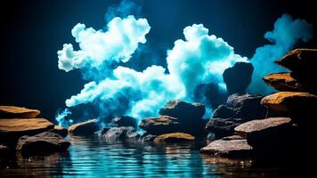 Abstract minimal concept. Dark background with natural granite stones podium on water and smoke surrounding. photo