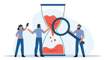 Flat vector illustration of a male manager leading a group of young businessmen in a successful teamwork meeting, with an hourglass symbolizing time and punctuality in their corporate business concept