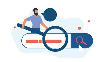 Flat vector illustration showcases a businessman using a magnifying glass to search for the best candidate to join his team in a modern web design. Man looking data information