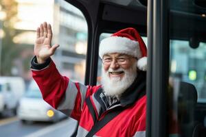 Bus driver in New Years uniform ushering holiday tour passengers background with empty space for text photo