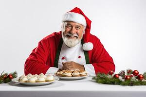 Chef in New Years attire preparing a holiday dinner isolated on a white background photo