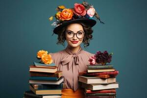 Librarian in New Years costume sorting books isolated on a gradient background photo