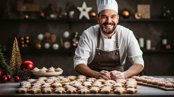 Baker preparing holiday pastries in New Years attire background with empty space for text photo