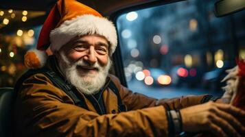 Taxi driver in holiday attire cruising the city in decorated cab photo