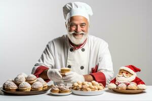 Baker crafting holiday pastries in New Years attire isolated on a white background photo