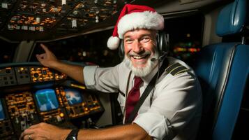 Pilot navigating an airplane in New Years attire isolated on a white background photo
