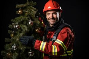 Firefighter adorning a Christmas tree in festive uniform isolated on a white background photo