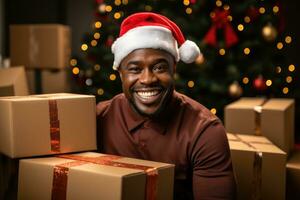 Courier in festive New Years uniform cheerfully delivering holiday packages photo