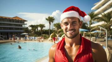 Lifeguard in New Years attire overseeing holiday pool party background with empty space for text photo